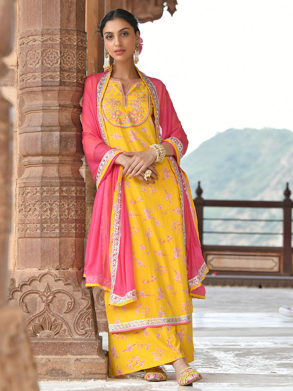 Janasya Women's Yellow Cotton Embroidered Kurta With Palazzo And Dupatta - Distacart