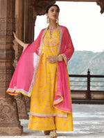 Thumbnail for Janasya Women's Yellow Cotton Embroidered Kurta With Palazzo And Dupatta - Distacart