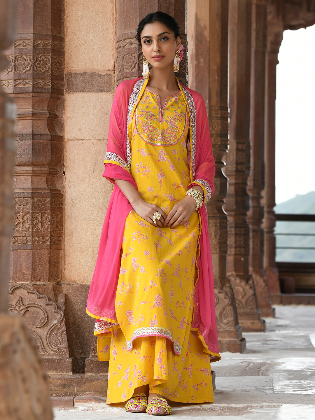 Janasya Women's Yellow Cotton Embroidered Kurta With Palazzo And Dupatta - Distacart
