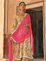 Thumbnail for Janasya Women's Yellow Cotton Floral Print Kurta With Palazzo And Dupatta - Distacart