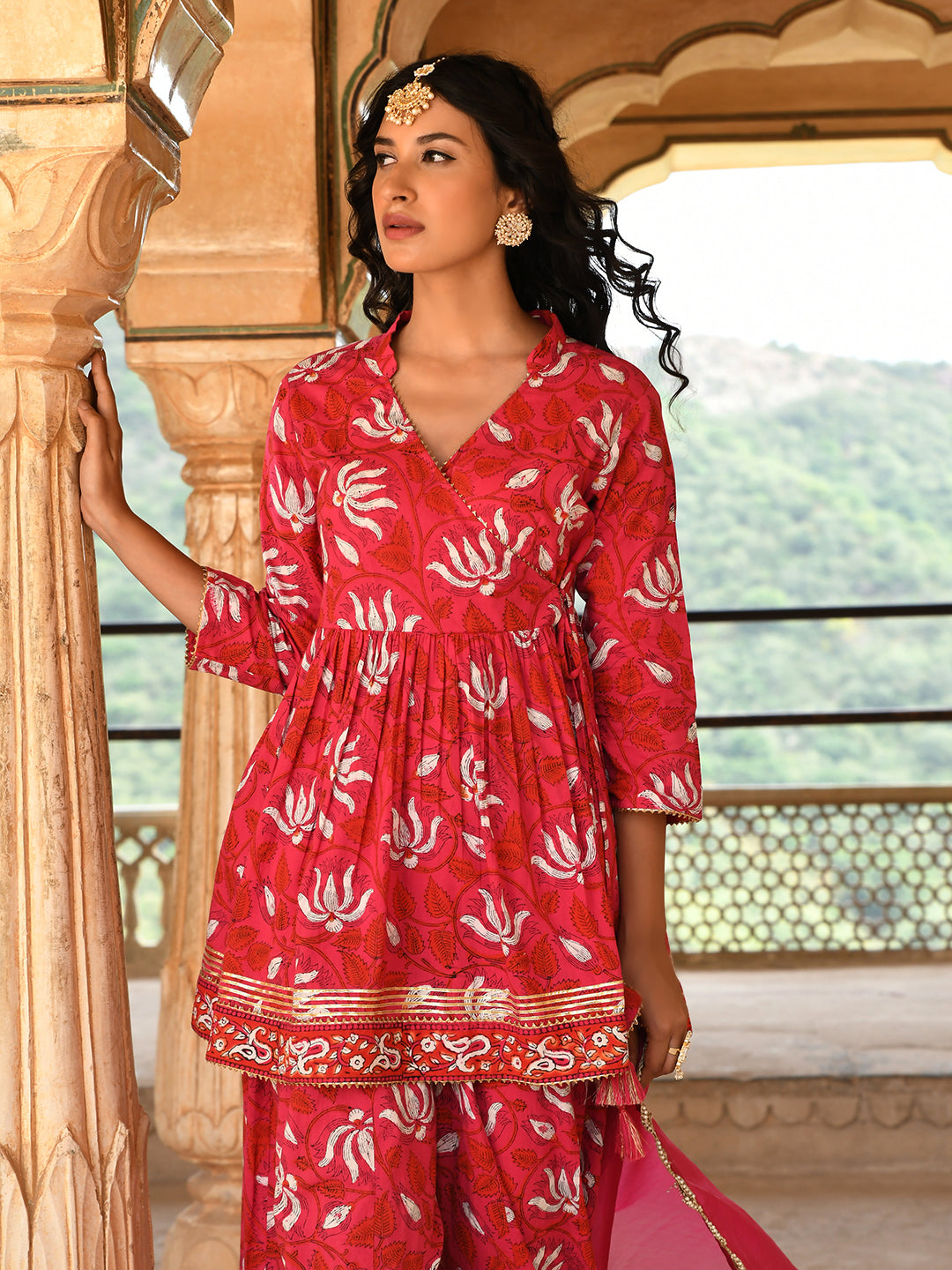 Janasya Women's Pink Cotton Floral Block Print Short Kurta With Sharara And Dupatta - Distacart