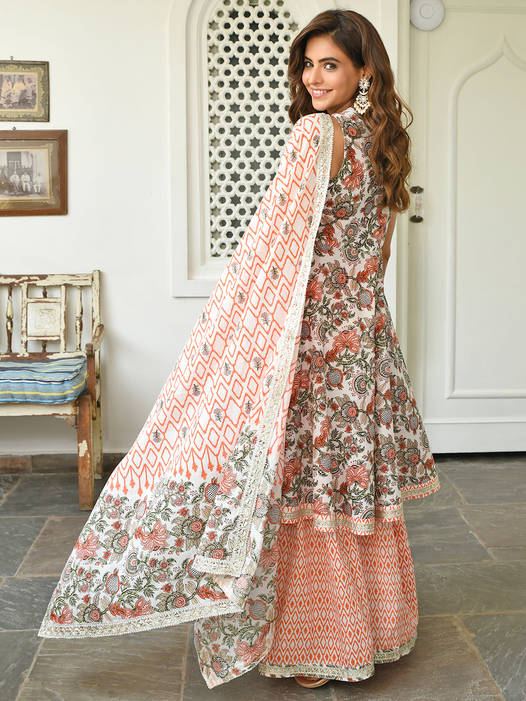 Janasya Women's White Cotton Floral Block Print Kurta With Sharara And Dupatta - Distacart