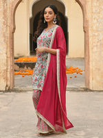 Thumbnail for Janasya Women's Sea Green Cotton Floral Block Print Kurta With Palazzo And Dupatta - Distacart