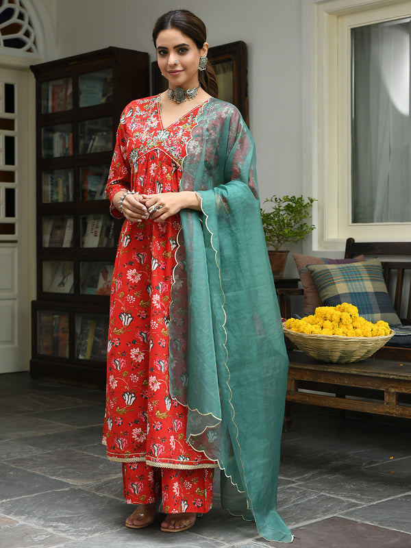 Janasya Women's Red Cotton Floral Block Print Kurta With Palazzo And Dupatta - Distacart