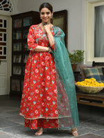 Thumbnail for Janasya Women's Red Cotton Floral Block Print Kurta With Palazzo And Dupatta - Distacart