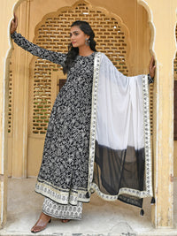 Thumbnail for Janasya Women's Black Cotton Floral Print Kurta With Palazzo And Dupatta - Distacart