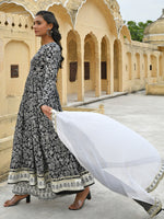 Thumbnail for Janasya Women's Black Cotton Floral Print Kurta With Palazzo And Dupatta - Distacart