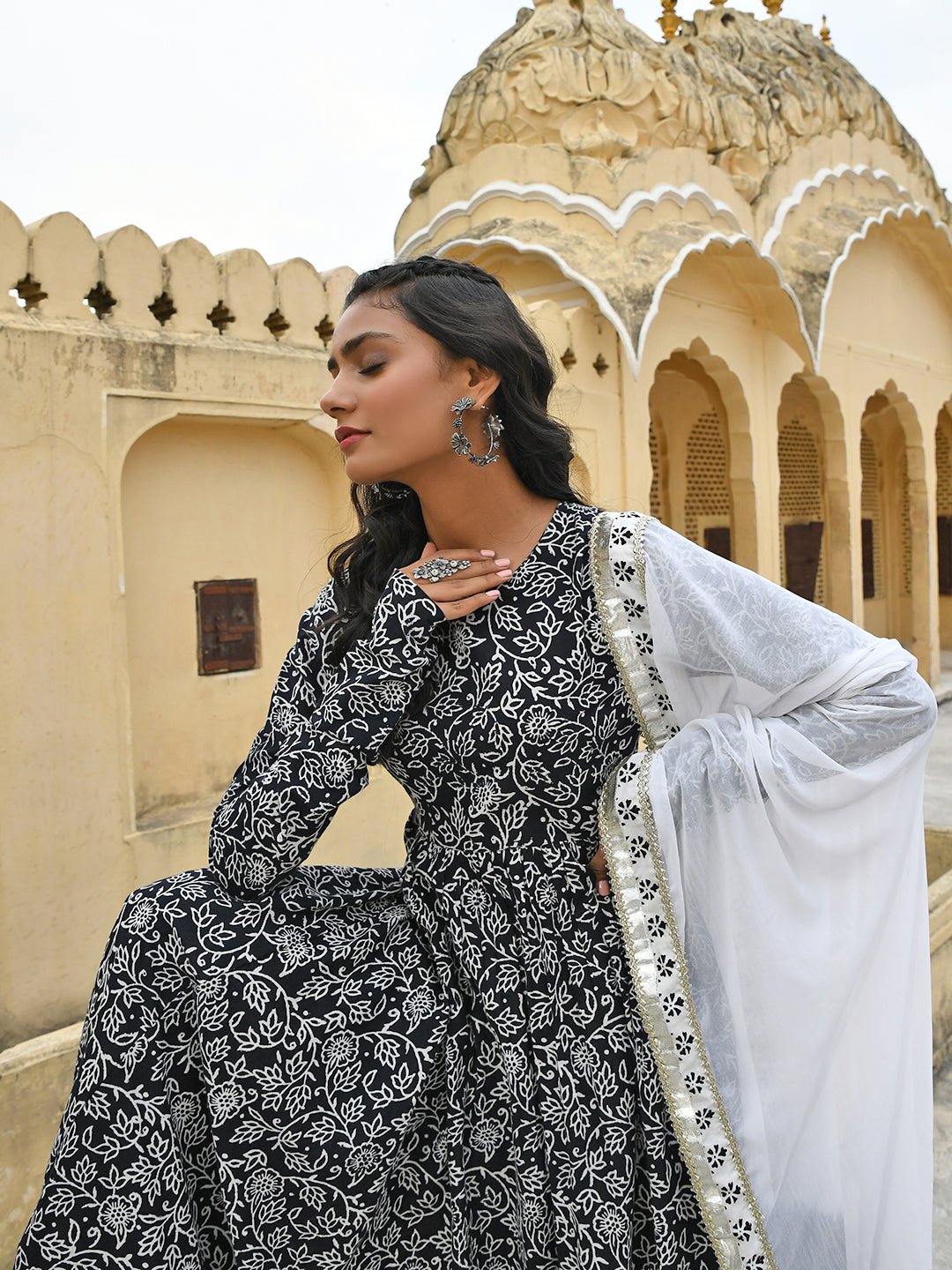 Janasya Women's Black Cotton Floral Print Kurta With Palazzo And Dupatta - Distacart