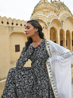 Thumbnail for Janasya Women's Black Cotton Floral Print Kurta With Palazzo And Dupatta - Distacart