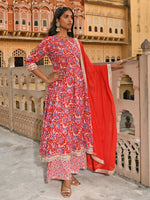 Thumbnail for Janasya Women's Red Cotton Floral Block Print Kurta With Flared Palazzo And Dupatta - Distacart