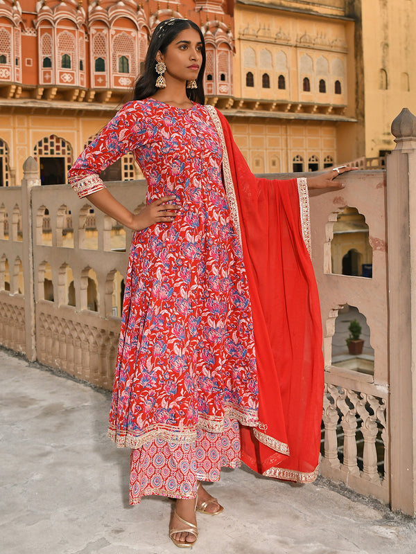 Janasya Women's Red Cotton Floral Block Print Kurta With Flared Palazzo And Dupatta - Distacart