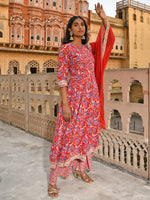 Thumbnail for Janasya Women's Red Cotton Floral Block Print Kurta With Flared Palazzo And Dupatta - Distacart