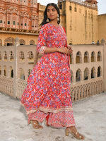 Thumbnail for Janasya Women's Red Cotton Floral Block Print Kurta With Flared Palazzo And Dupatta - Distacart