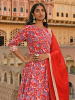 Thumbnail for Janasya Women's Red Cotton Floral Block Print Kurta With Flared Palazzo And Dupatta - Distacart