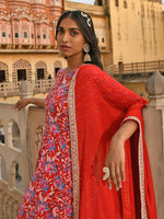 Thumbnail for Janasya Women's Red Cotton Floral Block Print Kurta With Flared Palazzo And Dupatta - Distacart