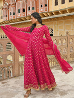 Thumbnail for Janasya Women's Bright Pink Georgette Foil Print Kurta With Dupatta - Distacart