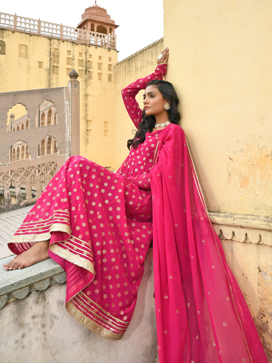 Janasya Women's Bright Pink Georgette Foil Print Kurta With Dupatta - Distacart