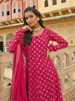 Thumbnail for Janasya Women's Bright Pink Georgette Foil Print Kurta With Dupatta - Distacart