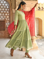 Thumbnail for Janasya Women's Pastel Green Cotton Solid Kurta With Pant And Dupatta - Distacart