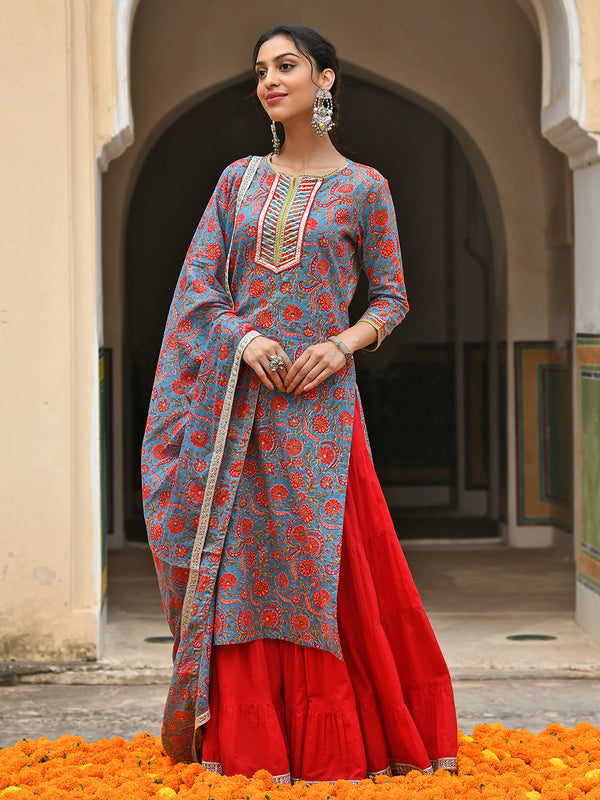Janasya Women's Sky Blue Cotton Floral Block Print Kurta With Gharara And Dupatta - Distacart