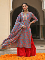 Thumbnail for Janasya Women's Sky Blue Cotton Floral Block Print Kurta With Gharara And Dupatta - Distacart