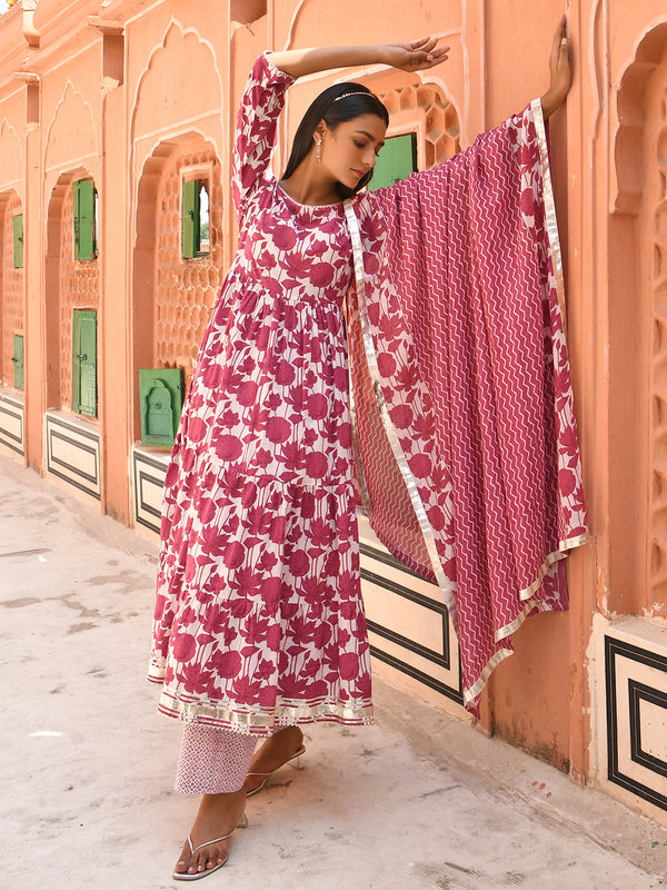 Janasya Women's White Cotton Floral Print Kurta With Palazzo And Dupatta - Distacart