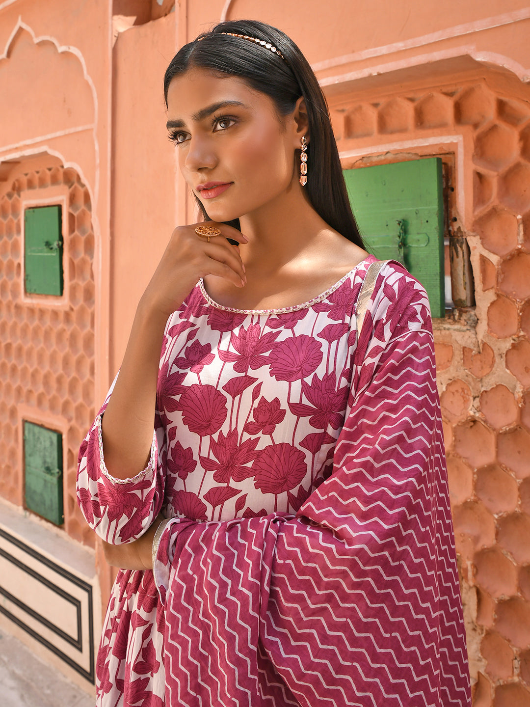 Janasya Women's White Cotton Floral Print Kurta With Palazzo And Dupatta - Distacart