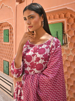 Thumbnail for Janasya Women's White Cotton Floral Print Kurta With Palazzo And Dupatta - Distacart