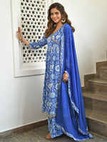 Thumbnail for Janasya Women's Blue Cotton Floral Block Print Kurta With Flared Palazzo And Dupatta - Distacart
