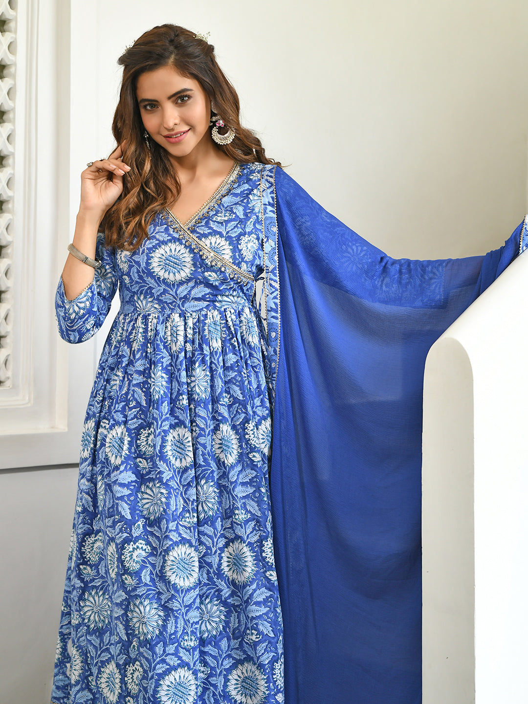 Janasya Women's Blue Cotton Floral Block Print Kurta With Flared Palazzo And Dupatta - Distacart