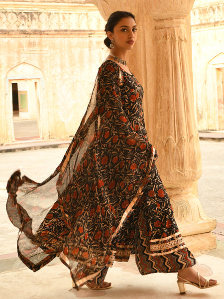 Janasya Women's Black Cotton Floral Block Print Kurta With Flared Palazzo And Dupatta - Distacart