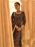 Thumbnail for Janasya Women's Black Cotton Floral Block Print Kurta With Flared Palazzo And Dupatta - Distacart