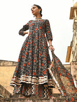 Thumbnail for Janasya Women's Black Cotton Floral Block Print Kurta With Flared Palazzo And Dupatta - Distacart