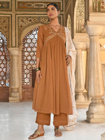Thumbnail for Janasya Women's Brown Georgette Floral Embroidery Kurta With Palazzo And Dupatta - Distacart