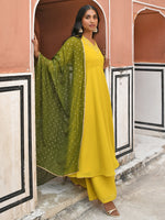 Thumbnail for Janasya Women's Yellow Georgette Solid Kurta With Palazzo And Dupatta - Distacart