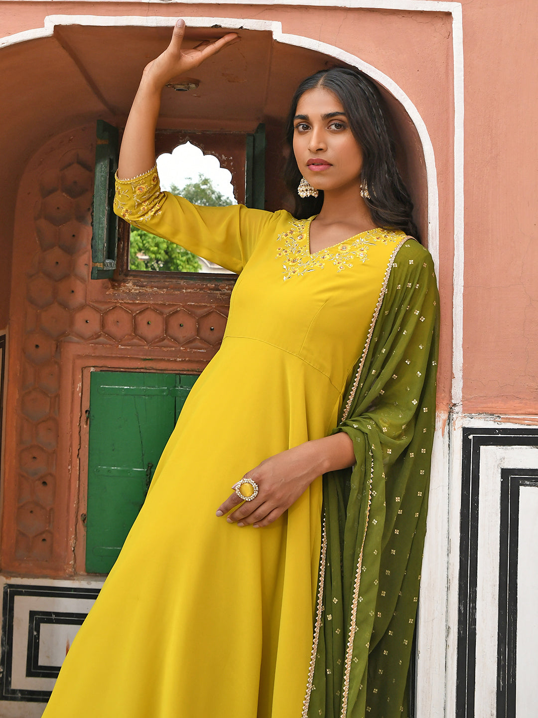 Janasya Women's Yellow Georgette Solid Kurta With Palazzo And Dupatta - Distacart