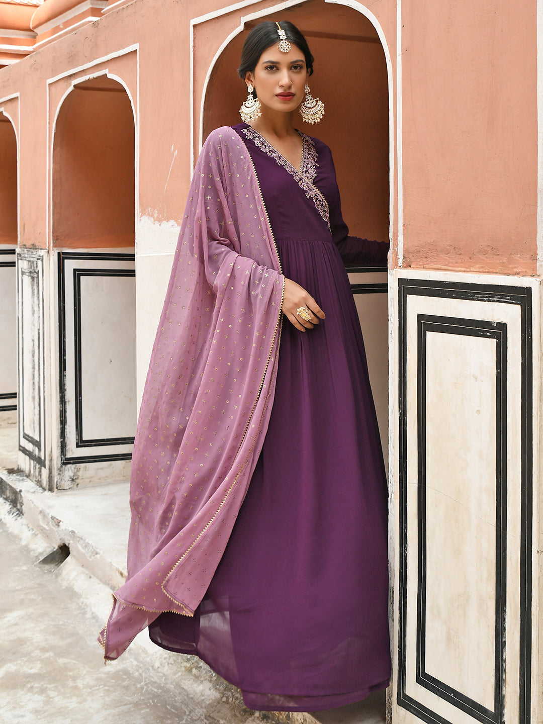 Janasya Women's Wine Georgette Solid Kurta With Dupatta - Distacart