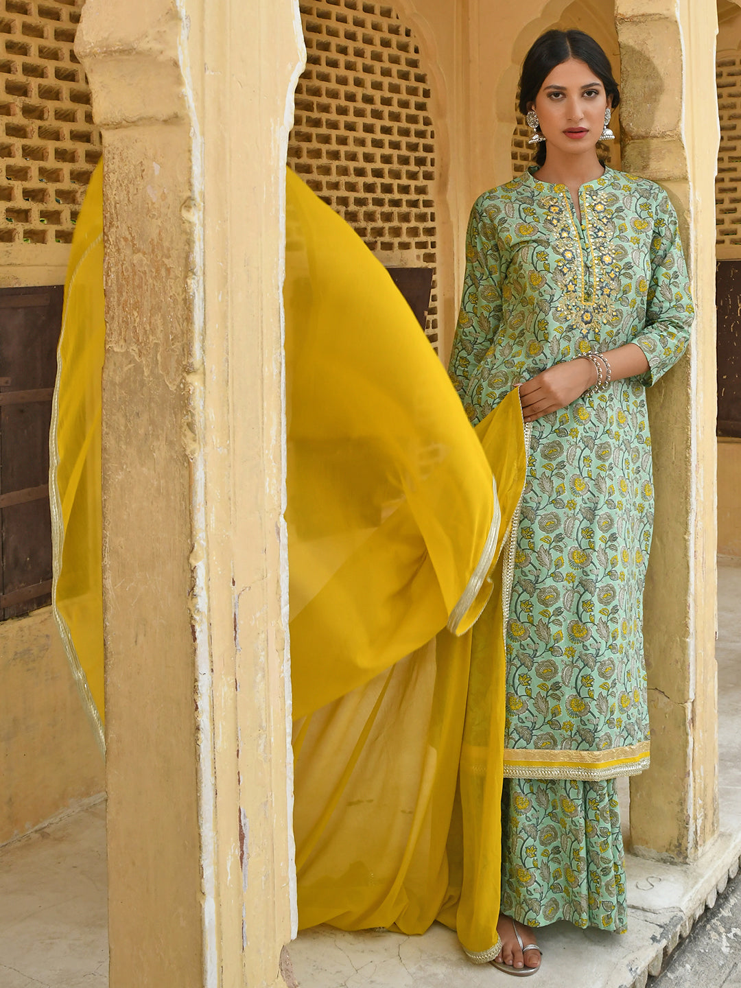 Janasya Women's Light Green Cotton Floral Print Kurta With Flared Palazzo And Dupatta - Distacart