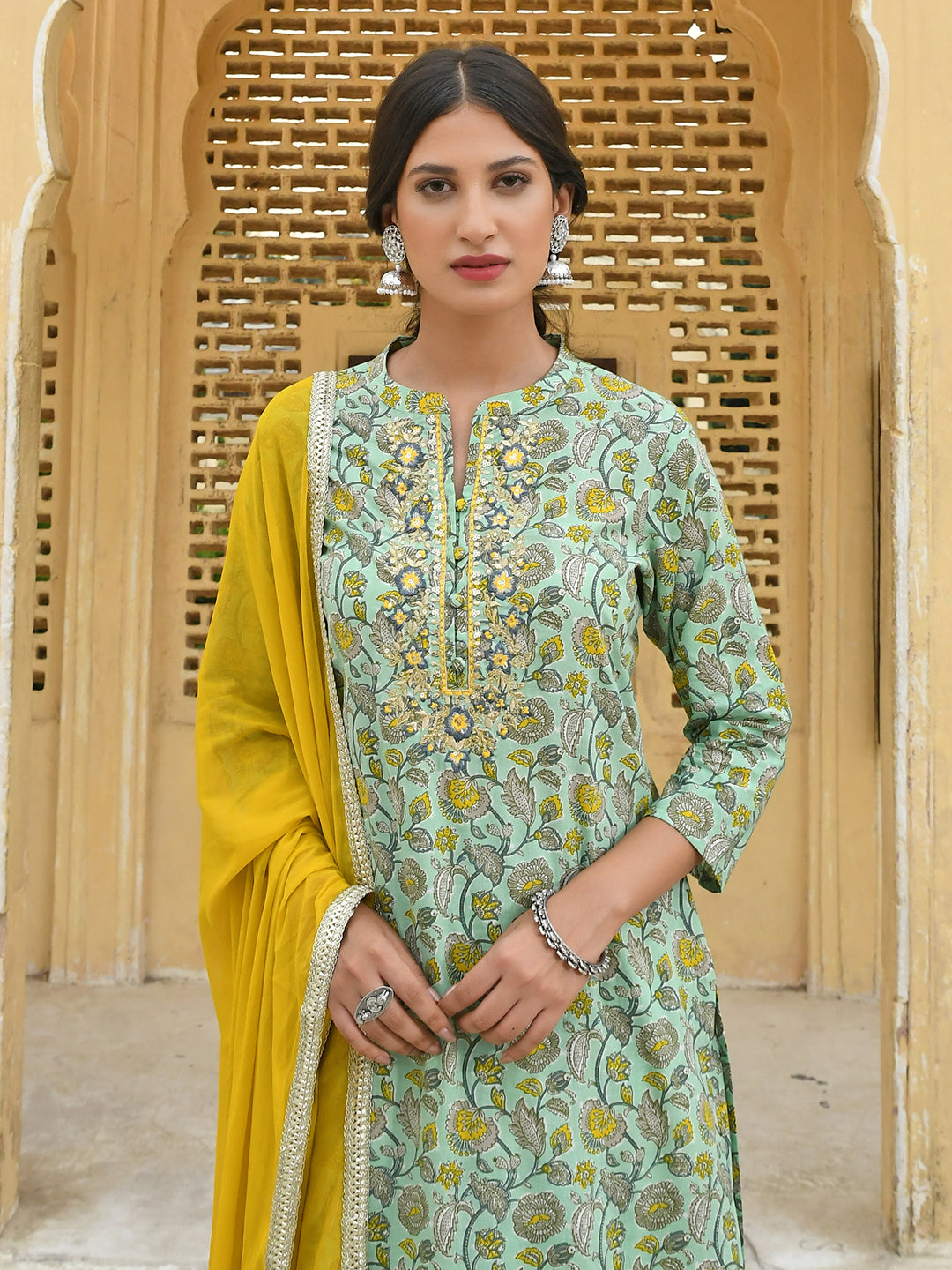 Janasya Women's Light Green Cotton Floral Print Kurta With Flared Palazzo And Dupatta - Distacart