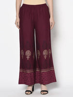 Thumbnail for Aniyah Rayon Wine Color Block Print Flared Slip-On Palazzo (AN-173K)