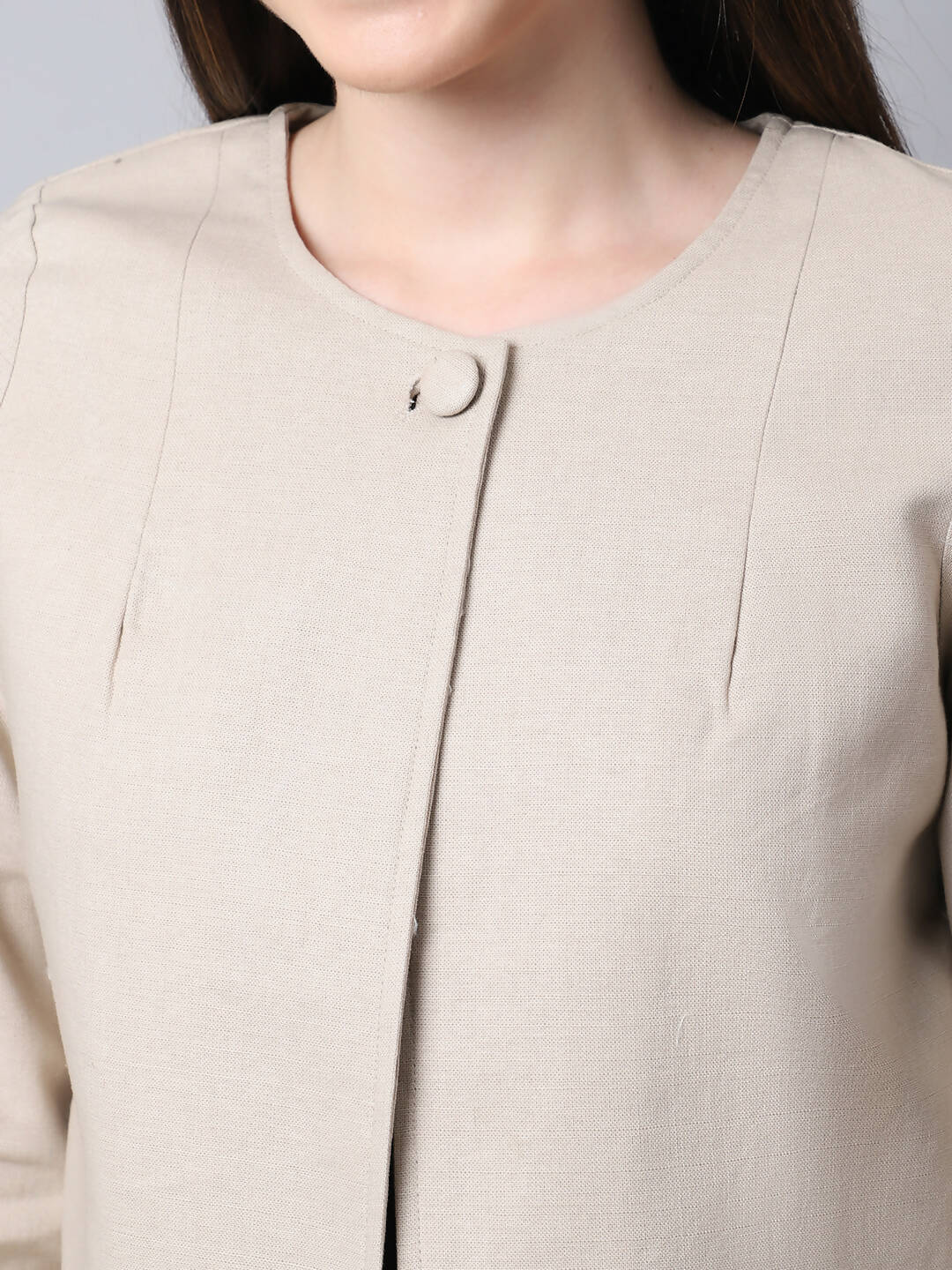 Even Apparels Cream Linen Cotton Open Front Statement Women's Jacket - Distacart