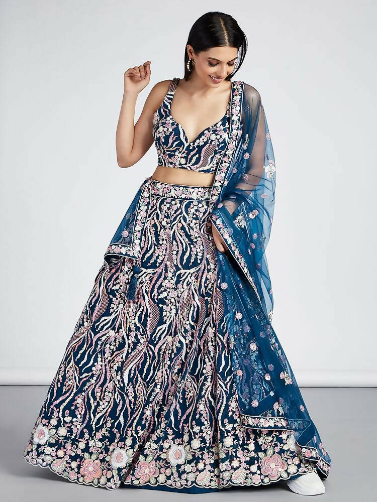 House of Panchhi Navy Blue Net Sequins And Thread Embroidery Lehenga Choli & Dupatta - Distacart