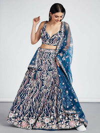 Thumbnail for House of Panchhi Navy Blue Net Sequins And Thread Embroidery Lehenga Choli & Dupatta - Distacart