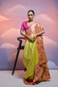 Thumbnail for Vishnu Weaves Women's Mahendi Paithani Silk Zari Woven Saree with Blouse - Distacart