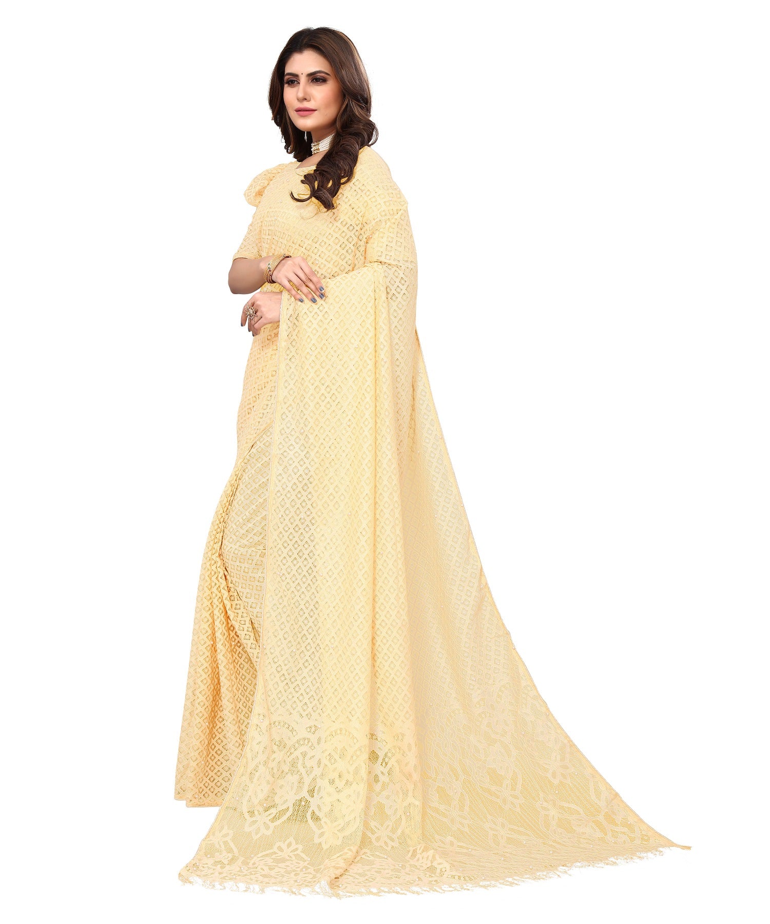 Vamika Net Brasso Cream Light Weight Trendy Look Bollywood Style Saree - Distacart
