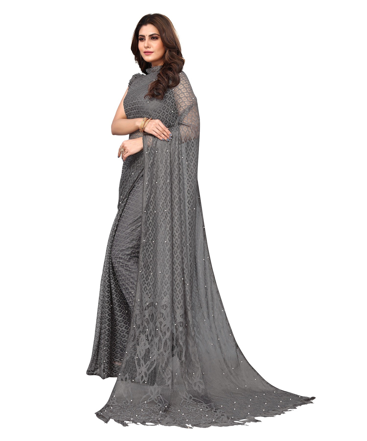 Vamika Net Brasso Grey Light Weight Trendy Look Bollywood Style Saree - Distacart