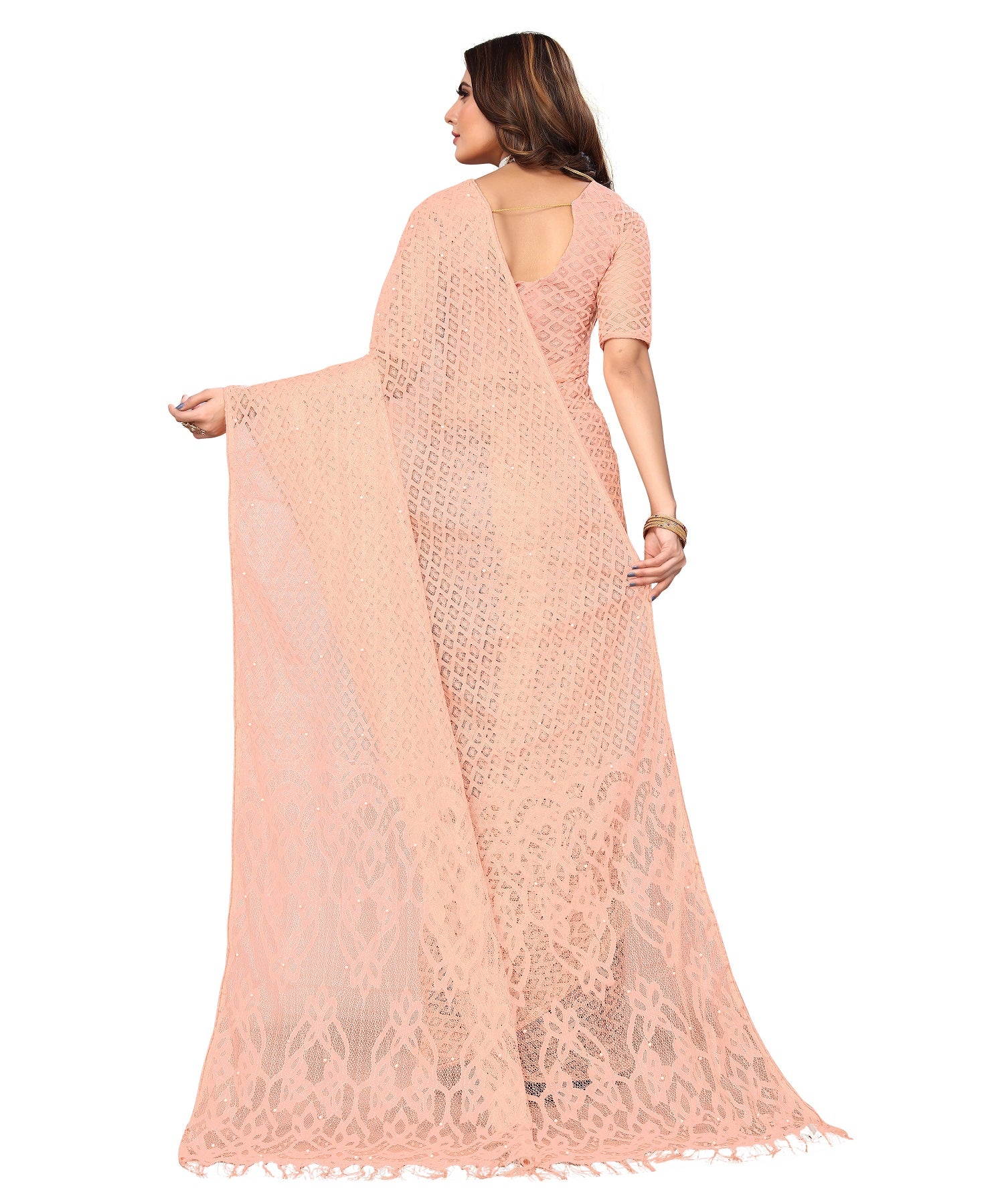 Vamika Net Brasso Peach Light Weight Trendy Look Bollywood Style Saree - Distacart