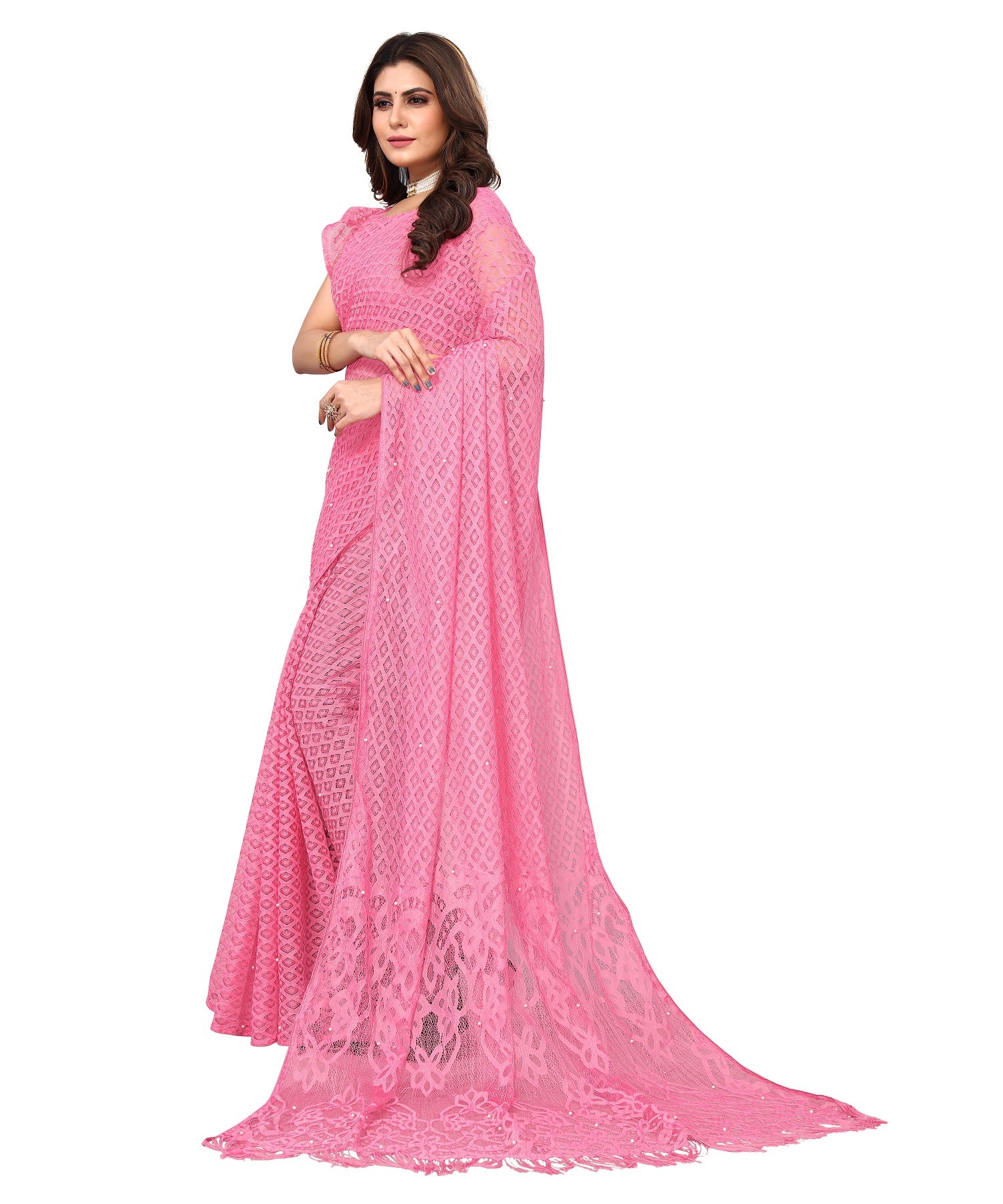 Vamika Net Brasso Pink Light Weight Trendy Look Bollywood Style Saree - Distacart