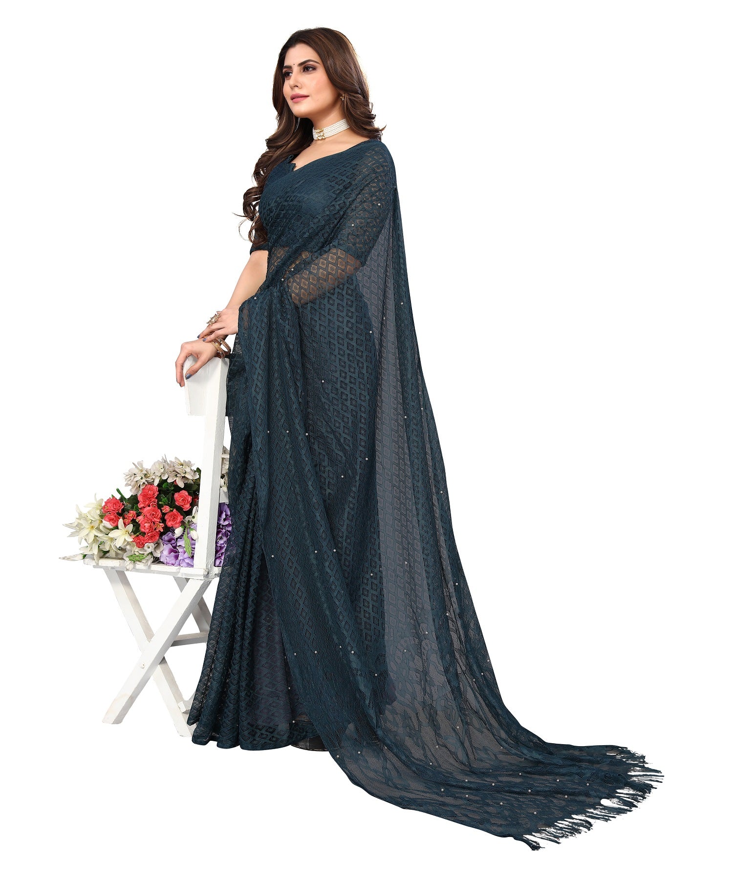 Vamika Net Brasso Rama Green Light Weight Trendy Look Bollywood Style Saree - Distacart