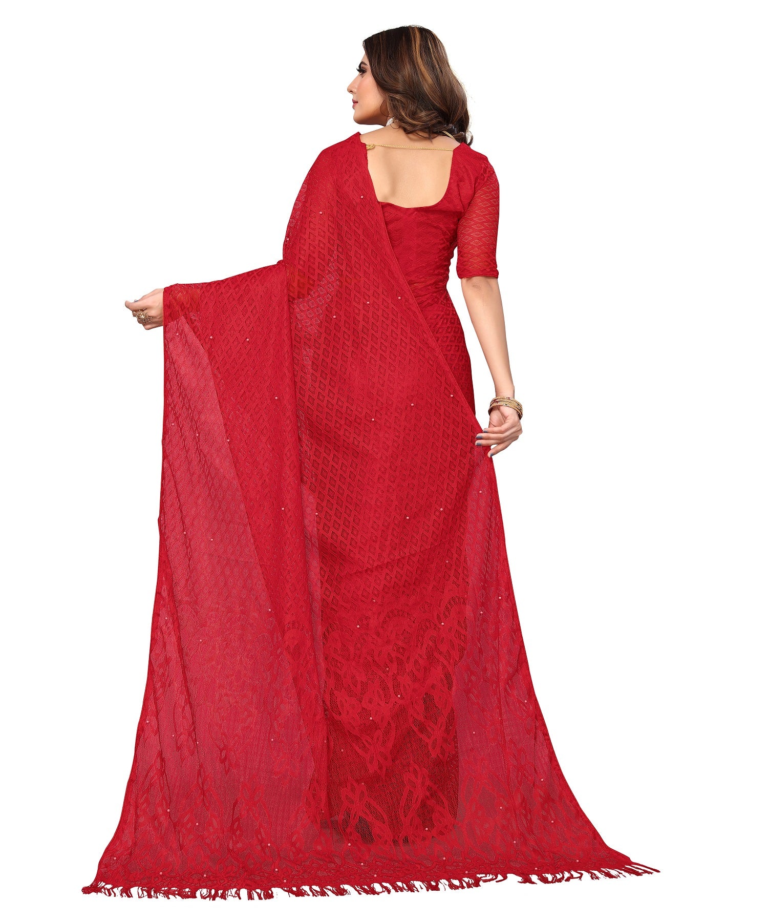 Vamika Net Brasso Red Light Weight Trendy Look Bollywood Style Saree - Distacart